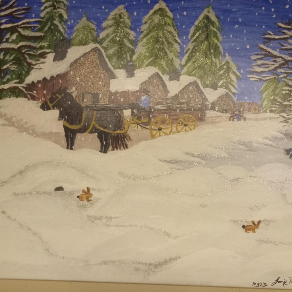 Snowy Village Scene with Horse and Carriage